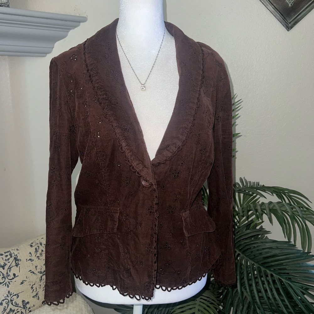 Vintage La Belle Dark Velvety Brown Corduroy Eyelet Blazer Jacket Size L